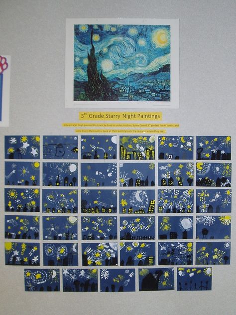 Starry Night Art Project For Kids, Starry Night Paintings, Night Paintings, Starry Night Art, Starry Night Painting, 4th Grade Art, 3rd Grade Art, Classroom Art Projects, Young Art