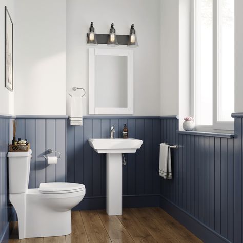 We all harbor a little vanity, and just the right selection of vanity light is certain to satisfy. It's an opportunity to make a bold design statement while bathing you in the perfect light. Light bulbs are not included. Blue Bathroom Vanity With Shiplap Walls, White Bathroom Vanity With Blue Walls, Half Bathroom Size, Blue Small Bathrooms, Shiplap Bathroom Wall, Small Half Bathroom, Decorating Bathrooms, Small Half Bath, Decor Bathroom Ideas