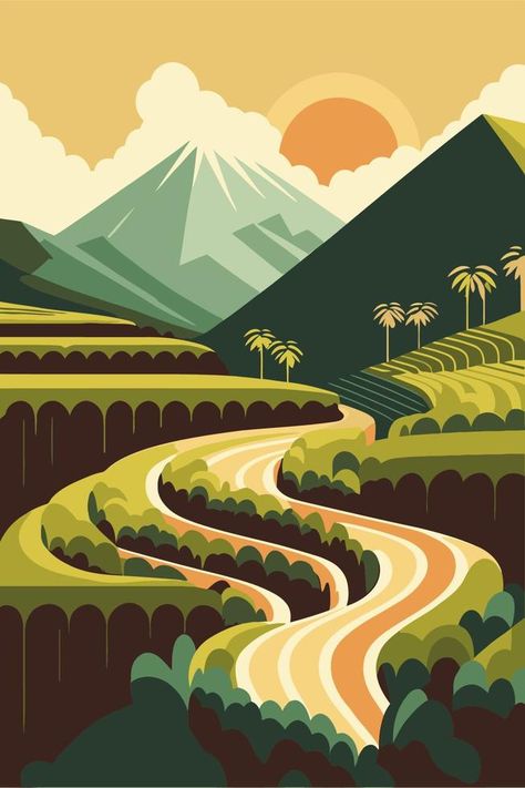 rice field terraces in mountains landscape poster vector flat color illustration background Indian Landscape Illustration, Vector Scenery Illustrations, Illustrator Illustration Vector, Person Vector Illustration, Flat Landscape Design, Graphic Landscape Illustration, Poster Vector Design, Flat Design Illustration Landscape, Flat Illustration Poster