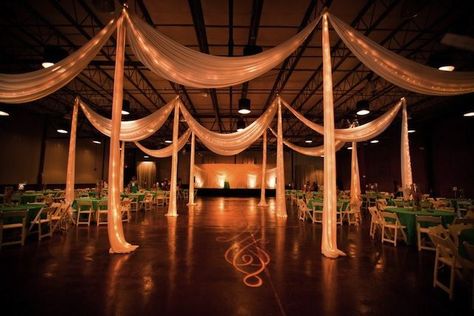 gym wedding receptions | gym wedding reception Gym Wedding Reception, Draping Curtains, Wedding Reception Dance Floor, Wedding Ceiling, Ceiling Draping, Nashville Wedding Venues, Prom Decor, Gym Decor, Wedding Hall