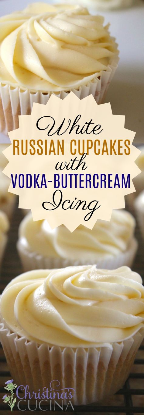 White Cupcakes With Filling, Desserts That Wow, Cakes With Alcohol, Recipes With Vodka, White Russian Cupcakes, Liquor Cupcakes, Vodka Cupcakes, Infused Desserts, Boozy Cakes