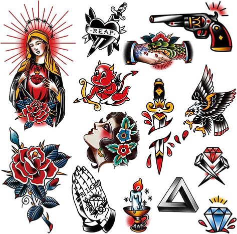 Amazon.com : PUSNMI Vintage Temporary Tattoo for Men Women Fake Tattoos for Halloween Face Leg Arm Neck Old School Tattoos Stickers for Club Sexy Flower Cool Eagle Tattoos : Beauty & Personal Care 03 Tattoo, Classic Style Tattoo, Tattoo King, Desenhos Old School, Cars Tattoo, Tattoo Number, Traditional Tattoo Old School, Vintage Tattoos, Hands Tattoo