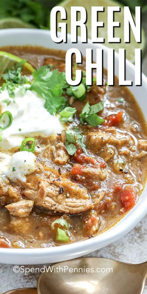 Green chili stew is a delicious, flavor packed recipe that is full of fresh cilantro, tart tomatillos, and spicy green chili peppers! It is the perfect fall dish to warm you up from the inside out! Try this classic recipe for your next supper and enjoy the spicy flavors of New Mexico! #spendwithpennies #greenchili #Mexicanrecipe #maindish #chilirecipe #soup Green Chili Recipe, Green Chili Stew, Chili Stew, Green Chili Pork, Best Pressure Cooker Recipes, Green Chili Recipes, Ham Hocks, Chile Recipes, Green Chili Peppers