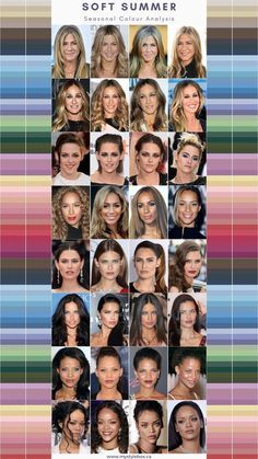 SOFT SUMMER CELEBRITY SEASONAL COLOUR ANALYSIS Celebrity Colour Analysis, Summer Season Colour Palette, Seasonal Color Analysis Soft Summer, Soft Summer Color Palette Black Women, Palette Summer Cool, Colour Palette Soft Summer, Best Hair For Soft Summer, Seasonal Colour Palettes, Soft Shaded Summer