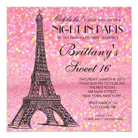 This Parisian Sweet 16 invitation featuring the Eiffel Tower is perfect for any Parisian themed party. Pink Glitter Invitations, Parisian Party Theme, Paris Sweet 16, Gold Eiffel Tower, Paris Birthday Parties, Parisian Theme, Sweet Sixteen Invitations, Glitter Invitations, Sweet 16 Birthday Party