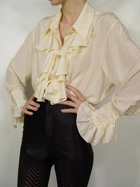 Diane Von Furstenberg Cream Silk Ruffle Poet Blouse 7 by mondas66, via Flickr Julian Arcana Aesthetic, Blouse Drawing Reference, Poet Costume, Julian Devorak Aesthetic, Vampire Blouse, Blouse Reference, Poet Dress, Sweater Inspiration, Vampire Cosplay