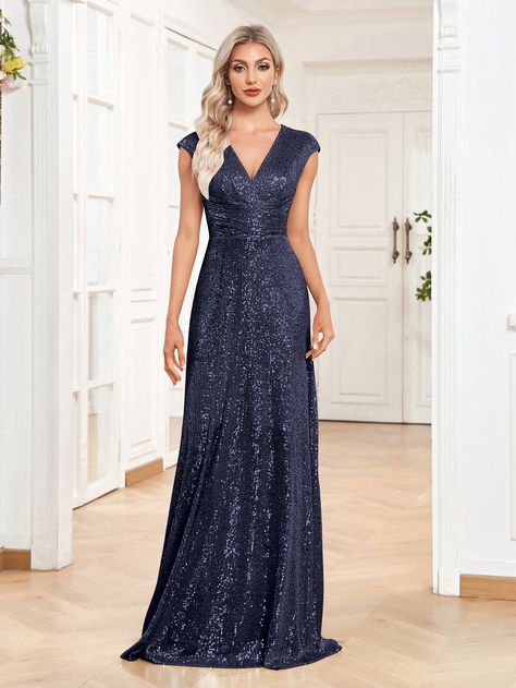 Navy Blue  Collar Cap Sleeve Sequins Plain A Line Embellished Medium Stretch  Weddings & Events Navy Sparkly Dress, Navy Blue Sparkly Dress, Sparkly Champagne, Prom Dresses Sparkly, Sparkly Prom Dresses, Floral Prom Dresses, Dress Champagne, Dresses Quinceanera, Maxi Dress Prom