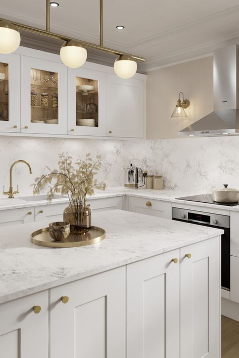 Howdens Chelford, White Marble Kitchen, Classy Kitchen, White Shaker Kitchen, Beige Kitchen, White Kitchen Design, White Modern Kitchen, Modern Kitchen Design Luxury, Kitchen Worktop