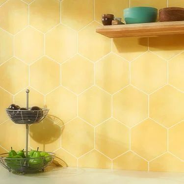 Encaustic Tiles for Floors & Walls | TileBar.com Porcelain Hexagon Tile, Matte Porcelain Tile, Decorative Wall Tiles, Yellow Tile, Matte Tile, Yellow Bathrooms, Encaustic Tile, Porcelain Floor, Hexagon Tiles