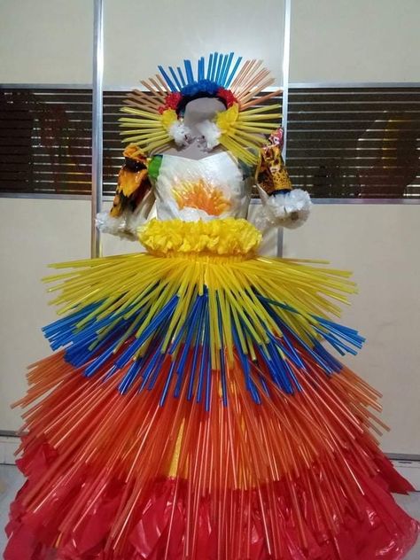 Recycled costume for kids Buwan Ng Wika Costume, Recycled Dress For Kids, Recycled Costumes For Kids, Recycled Costume, Recycled Gown, Rainbow Costume, Recycled Costumes, Rainbow Costumes, Eco Dresses