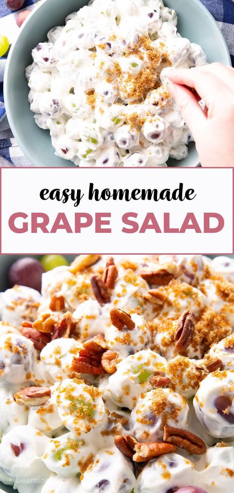 My favorite grape salad: sweet, creamy vanilla cream cheese dressing coats tart green grapes and sweet red grapes, topped with sparkling brown sugar and crunchy pecans. A delicious dessert salad recipe that tastes like fruit-filled cheesecake! | Recipe at BeamingBaker.com Grape Salad With Marshmallow Cream, Leftover Grapes Recipe, Grape Salad With Brown Sugar, Desserts With Grapes, Grape Salad With Cream Cheese, Grape Desserts, Grape Dessert Recipes, Cream Cheese Fruit Salad, Cream Cheese Dressing