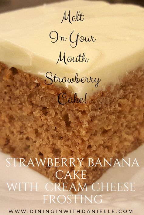 Strawberry Banana Cake made with Homemade Strawberry Puree and Ripe Bananas then Smothered in Creamy Butter Cream Cheese Frosting! This is a very MOIST cake with delicious berry and banana flavors married together, NO SEEDS or Whole Strawberries! The entire cake and frosting has a total of 1 1/2 Cups Cane Sugar! #dininginwithdanielle #chrisdoeswhat #strawberrycake #sheetcake #strawberrybananacake #bananacake #cake #creamcheesefrosting #baking #desserts #partyfood #moistcakes #bakingideas Strawberry Banana Cake, Strawberry Banana Cakes, Carrot Banana Cake, Banana Bread Cake, Butter Cream Cheese Frosting, Carrot Cream, Fabulous Cakes, Drink Inspiration, Baking Desserts