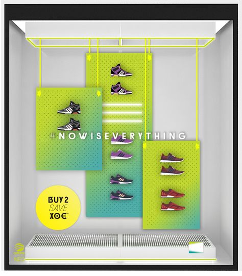 TRC designed this NEO window to be modular/flexible and it was based on a pegboard panel system, allowing for product to be easily swapped out using peg hooks with a variety of different set up's. It also means the window components can be used for more than one campaign. March 2016. #retail #vm #design Adidas Window Display, Adidas Retail Design, Nike Retail Store Design, Display Shelf Design, Nike Retail, Nike Window Display Visual Merchandising, Shoe Store Design, Window Display Retail, Retail Space Design