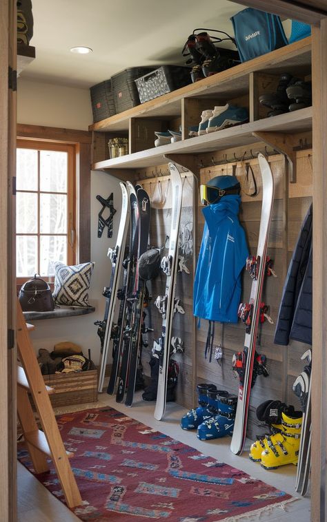 A well-organized ski gear room with designated spaces for each family member’s equipment. Ski Room Ideas, Ski Mudroom Ideas, Ski Storage Ideas, Ski Gear Storage, Ski Mudroom, Ski Equipment Storage, Winter Gear Organization, Gear Room Organization, Gear Wall