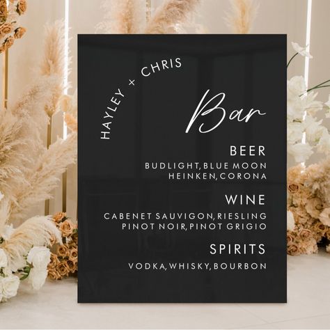 Acrylic Wedding Bar Black Bar Menu Acrylic Sign Large Bar Sign Wedding, All Black Wedding Decor, Diy Bar Sign, Menu Acrylic Sign, Bar Signs Diy, Black And White Bar, Menu Acrylic, Wedding Bar Menu Template, Wedding Bar Menu Sign