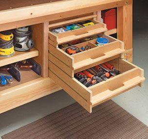 Workbench Storage, Woodsmith Plans, Magazine Storage, Woodworking Storage, Diy Workbench, Workbench Plans, Workshop Organization, Shop Layout, Shop Storage