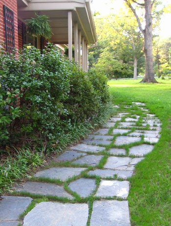 Back door slate will look JUST like this in maybe a year after all that MUD, when grass will finally seed...we should PIN OURS someday when the other areas are complete! Flagstone And Grass Walkway, Slate Walkway To Front Door, Slate Stone Walkway, Slate Pathway Ideas, Fieldstone Walkway, Cottage Walkway, Slate Pathway, Slate Path, Walkway Diy