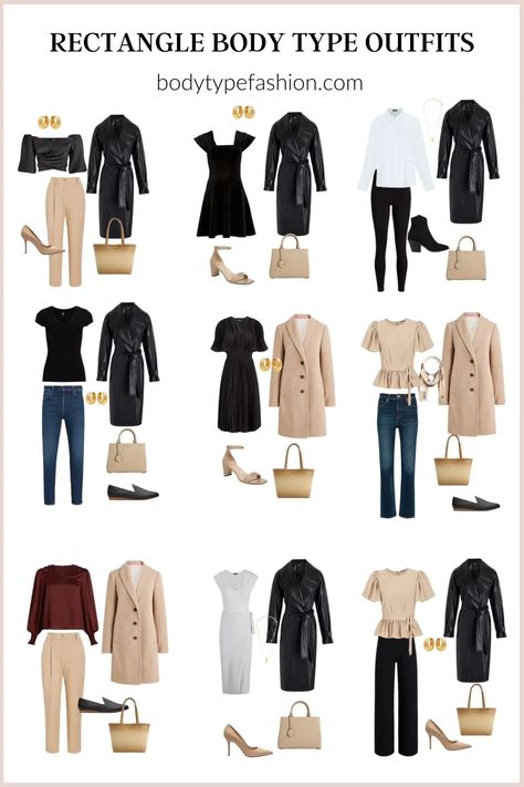 How to dress a tall rectangle shape - Fashion for Your Body Type Rectangle Body Capsule Wardrobe, Rectangle Capsule Wardrobe, Capsule Wardrobe For Rectangle Shape, Clothes For Rectangular Body Shape, Lean Column Body Shape Outfits, Tall Rectangle Body Shape Outfits, Capsule Wardrobe Rectangle Body Shape, How To Dress Rectangle Body Shape Outfit, Rectangle Figure Outfits