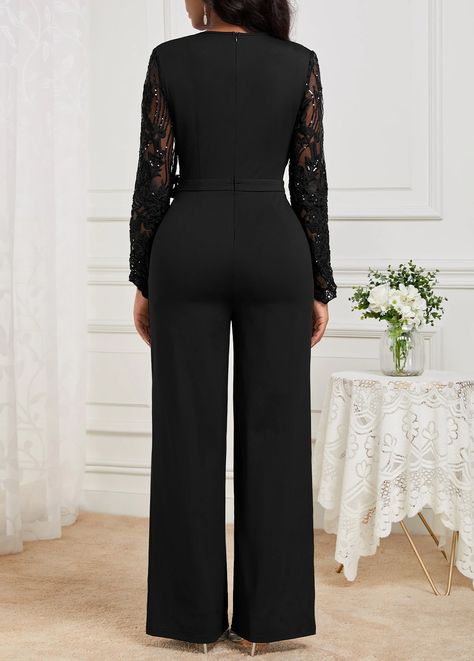 ROTITA Lace Black Belted Long V Neck Jumpsuit | Rotita.com - USD $41.98 Evening Jumpsuits Classy, Crochet Braids Hairstyles Curls, Jumpsuits Classy, Ministry Apparel, Evening Jumpsuits, V Neck Jumpsuit, Classy Jumpsuit, Chiffon Jumpsuit, Rompers Online