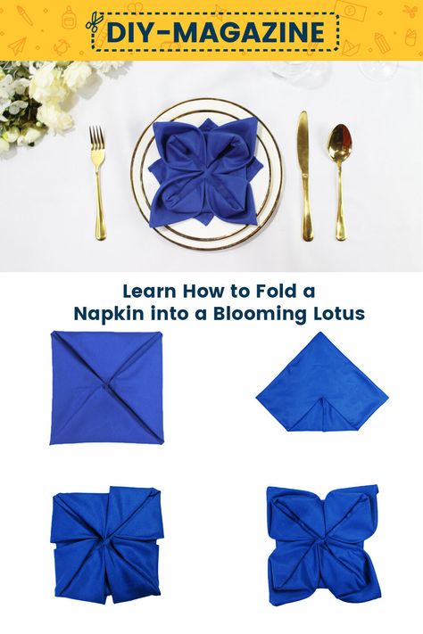 How to fold a napkin into a Blooming Lotus How To Fold A Tissue Napkin, Lotus Flower Napkin Fold, Lotus Napkin Folding Step By Step, Wedding Cloth Napkin Ideas, Lotus Napkin Fold, Tissue Folding Table Napkins, Folding Napkins Cloth, Table Napkin Folding Ideas, Flower Napkin Folding