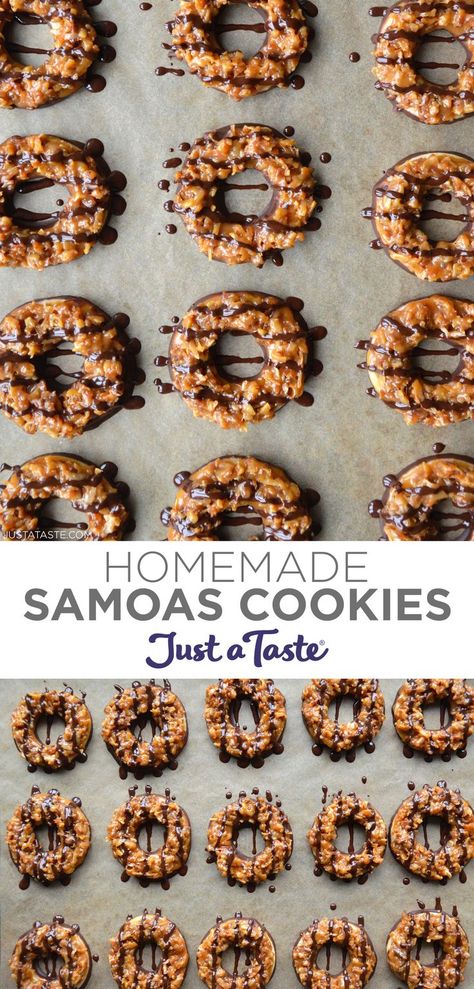 Top image: A top-down view of homemade Samoas cookies drizzled with chocolate. Bottom image: Three rows of homemade Samoas cookies atop brown parchment paper. Homemade Somoa Cookies Girl Scouts, Girl Scout Samoa Cookies Recipes, Samoa Girl Scout Cookie Recipe, Homemade Samoa Cookies, Somoa Cookies Recipe, Samoas Cookies Recipe, Somoa Cookies, King Cookies, Samoa Cookies Recipe