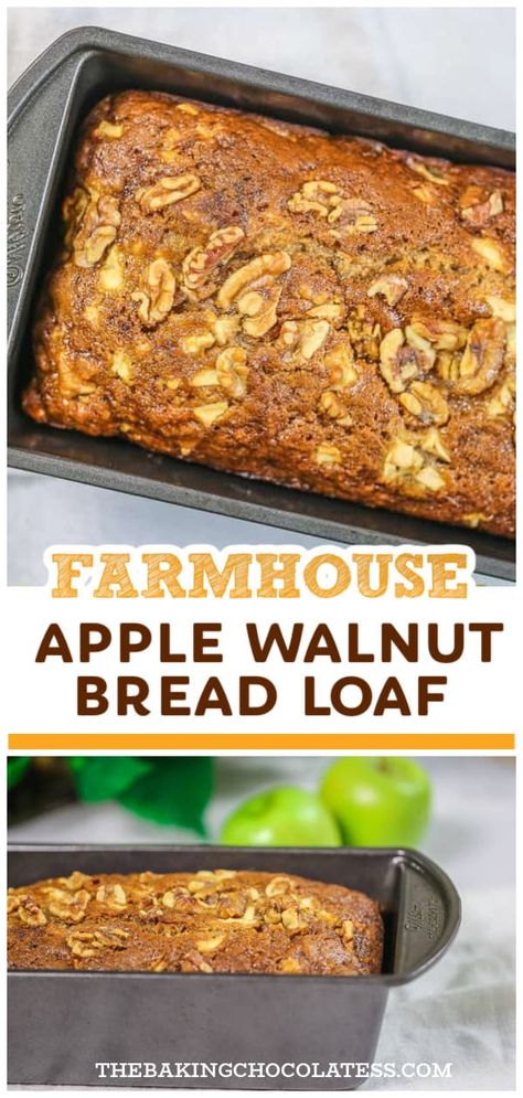 Farmhouse Apple Walnut Loaf Homemade Dessert Bread, Walnut Loaf Recipe, Apple Nut Bread, Apple Walnut Bread, Eggnog Dessert, Apple Loaf, Festive Bread, Thanksgiving Bread, Walnut Loaf