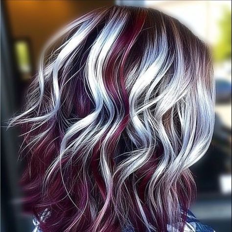 Brunette Hair With Silver Money Piece, Gray Hair With Brown Highlights, Color Melt Medium Length Hair, Multi Color Fall Hair, Plum Blonde Hair, Dark Underneath Hair Blonde On Top, Fall Hair Purple, Long Hairstyles Color Ideas, Multi Colored Hair Highlights