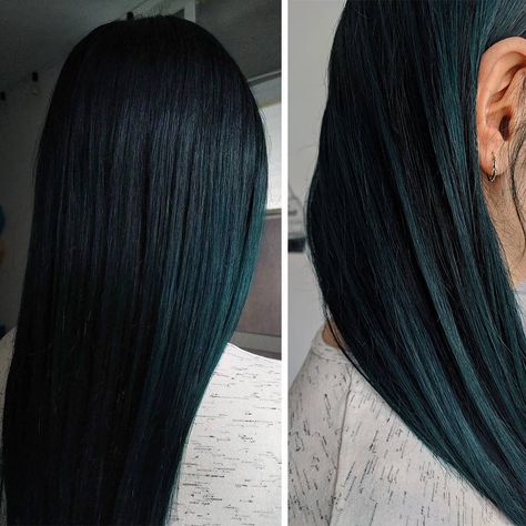 Gorgeous shot of our black-teal shade, Magic Oracle by @genie.unicorn #lunartides #hair #tealhair Midnight Jade Hair Color, Hair Colour For Straight Black Hair, Black Blue Green Hair, Black Teal Hair, Midnight Green Hair, Dark Aqua Hair, Black Hair With Green Undertones, Black Green Hair Color, Dark Green Black Hair