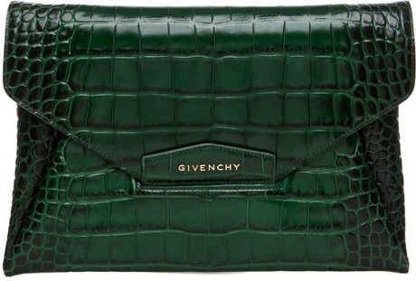 Green Clutch, Givenchy Antigona, Green Clutches, Fashion Week Outfit, Envelope Clutch Bag, Croc Leather, Envelope Clutch, Leather Clutch Bags, Green Leather