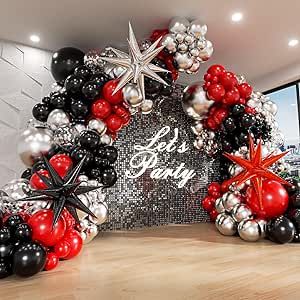 Red And Black Balloon Arch, Red Black White Party, Gray Party Decorations, Black Balloon Arch, Silver Balloon Arch, Red Party Decorations, 2024 Party, Black And White Balloons, 21st Ideas