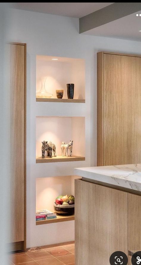 Tiny Niche Ideas, Kitchen Niche Ideas, Kitchen With Stained Cabinets, Decorating A Niche In A Wall, Niche Ideas Living Room, Wall Niche Ideas Living Room, Niche Living Room, Wall Niches Ideas, Recessed Wall Niche Ideas