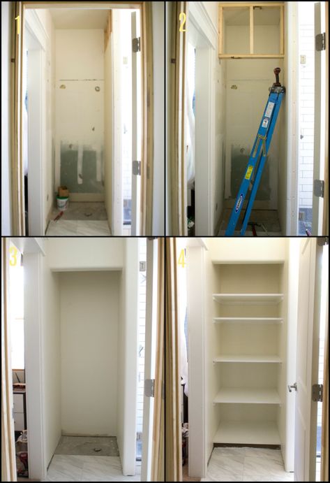 How to make a DIY built-in linen closet by Pneumatic Addict. Want to do this in our master bathroom. Bathroom Closet Remodel, Linen Closet Design, Bathroom Built Ins, Linen Closet Makeover, Small Linen Closets, Bathroom Linen Closet, Closet Transformation, Modern Master Bath, Closet Built Ins