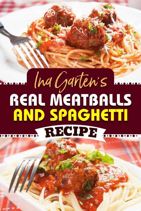 Ina Garten's real meatballs and spaghetti will be your new favorite dinner! With a rich, aromatic sauce and juicy, tender meatballs- what's not to love? Ina Garden Spaghetti And Meatballs, Ina Garten Meatballs, Spaghetti Sauces, Meatballs And Spaghetti, Casserole Meals, Meatballs Crockpot, Tender Meatballs, Lemon Seeds, Lasagna Recipes