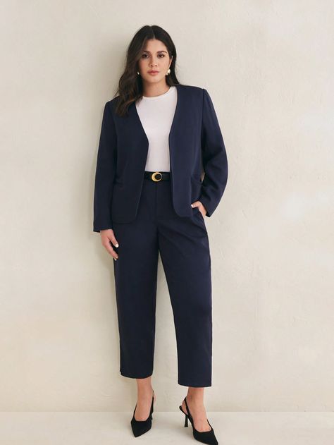 Plus Solid Open Front Blazer & Pants Without Belt  Business Women Clothes Navy Blue Elegant    Plain  Non-Stretch  Women Plus Clothing, size features are:Bust: ,Length: ,Sleeve Length: Blue Navy Blazer Outfits For Women, Business Professional Plus Size, Corporate Outfits Plus Size, Business Attire Women Plus Size, Formal Business Attire Women, Intern Fits, Professional Outfits Women Plus Size, Navy Blazer Outfits, Business Capsule