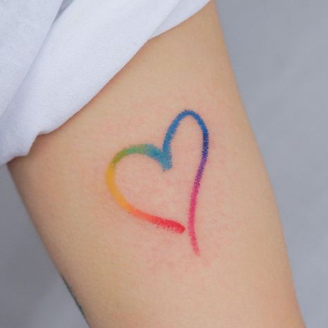 Pride Heart Tattoo, Pride Tattoo Ideas Simple, Colorful Heart Tattoos, Cute Simple Tattoo Ideas, Rainbow Tattoos Pride, Small Rainbow Tattoo, Heart Tattoo Color, Lgbtq Tattoos Ideas, Subtle Pride Tattoo