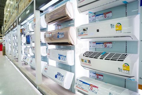 Rows of air conditioner at the showroom of a large store stock photography Store Image, Photography Store, Show Room, At The Store, Image Photography, The Store, Air Conditioner, Editorial Photography, The Row