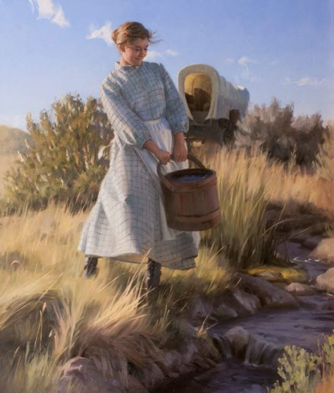 Waters of Life by Tom Browning. Prix de West Pioneer Pictures, Pioneer Art, Pioneer Homestead, Covered Wagons, Pioneer Days, Pioneer Life, Western Paintings, Lds Art, Oregon Trail