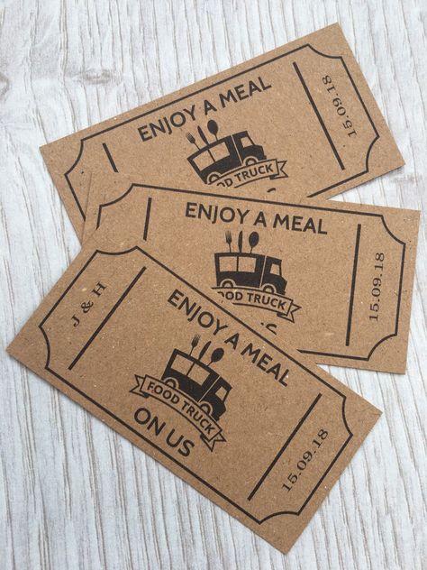 Excited to share this item from my #etsy shop: 50 Personalised Wedding Food Truck Tickets - Kraft Card - Coupons Wedding Meal Tokens Party Cards Custom Chic Sweet Sixteen Food Voucher Bar Wedding Food Truck, Food Truck Party, Food Vouchers, Catering Van, Food Truck Wedding, Campground Wedding, Food For Special Event, Wedding Cake Alternatives, Bday Gift