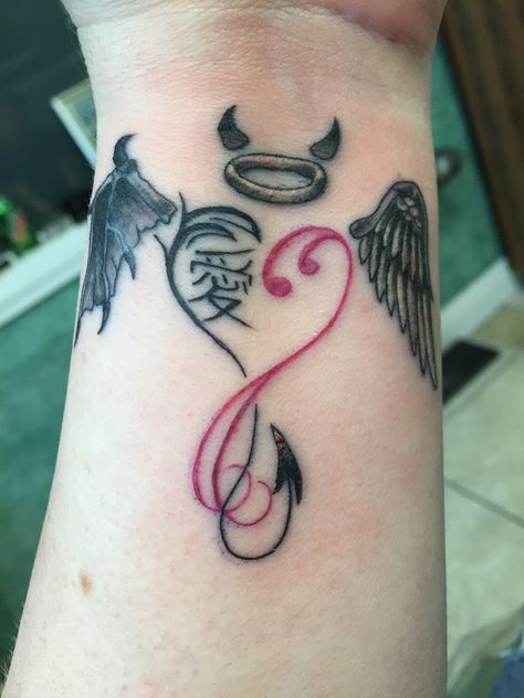 My version of the fallen angel. Heart with angel and demon wings. Love written in Chinese by my son. My demon side still has a little love in its heart. Angel And Demon Wings Tattoo, Wings Tattoo For Women, Demon Wings Tattoo, Devil Heart Tattoo, Angel And Demon Wings, Angel And Devil Tattoo, Angel Devil Tattoo, Minimalist Tattoo Meaning, Purple Tattoos