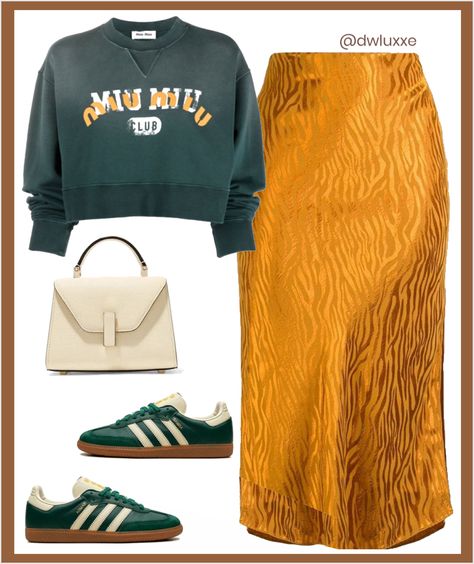 Skirts And Crewnecks, Silk Skirt Outfit Casual, Skirt Autumn Outfit, Work Baddie, Satin Skirt Outfit Winter, Long Skirt Outfit, Satin Skirt Outfit, Yellow Skirt, Yellow Sweatshirt