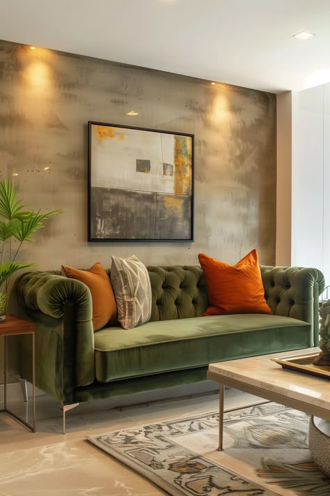 Living With Green Sofa, Green Couch Room Ideas, Green Sofa Ideas, Living Room Decor Green Couch, Green Sofa Inspiration, Green Couch Decor, Green Sofa Decor, Green Corner Sofas, Modern Green Living Room