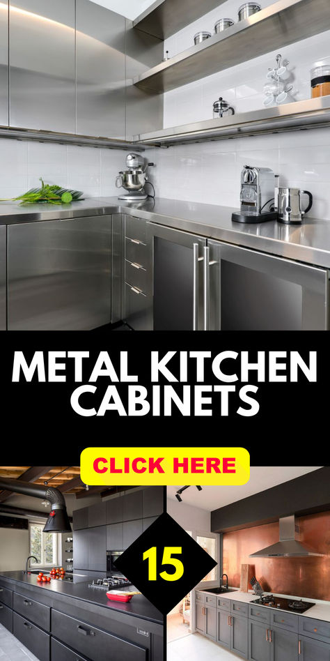 Explore the modern charm of metal kitchen cabinets. Discover makeover ideas that seamlessly blend industrial aesthetics with functionality. Elevate your space with the sleek appeal of metal cabinets. Metal Kitchen Cabinets Makeover, Painting Metal Cabinets, Bar Lounge Room, Aluminum Kitchen Cabinets, Industrial Ideas, Stainless Steel Kitchen Cabinets, Metal Kitchen Cabinets, Metal Cabinets, Aluminium Kitchen