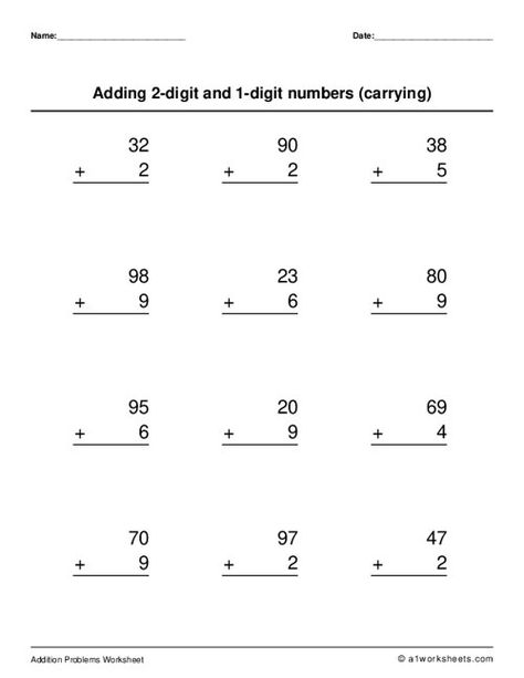 Adding 1-digit and 2-digit numbers with carrying | Grade 1 Worksheets Addition No Regrouping, Grade 1 Worksheets, Addition With Regrouping Worksheets, Printable Worksheets For Kindergarten, Printable Worksheets For Kids, Adding Numbers, Dot Letters, Science Vocabulary, Matching Worksheets