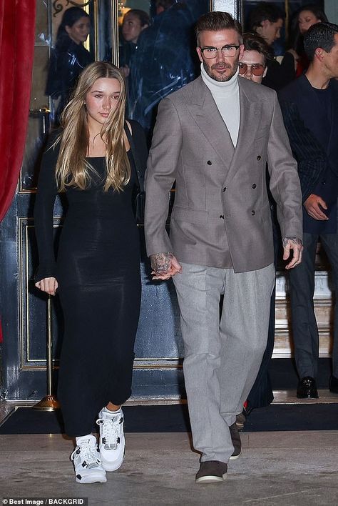 David Beckham walks hand-in-hand with daughter Harper as he and sons Cruz, Brooklyn and daughter-in-law Nicola Peltz head to wife Victoria's Paris Fashion Week show - but Romeo misses out! Mens Celebrity Fashion, David Beckham And Harper, Harper Beckham Style, David Beckham Son, David Beckham Outfit, Harper Seven Beckham, David Beckham Style Outfits, David Beckham Suit, Beckham Fashion