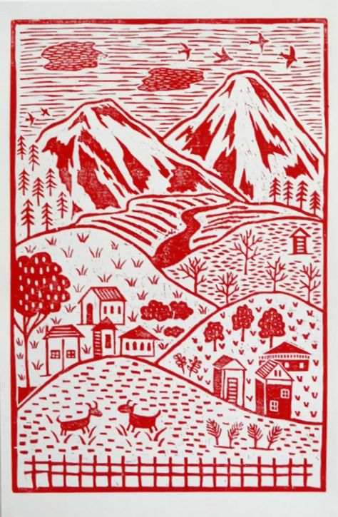 Xmas Landscape, Linocut Ideas, Illustration Landscape, Relief Printmaking, Lino Printing, Linoleum Print, Linocut Printmaking, Lino Art, Landscape Mountains