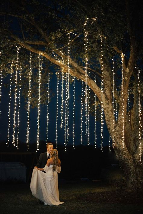 A Rustic Fairytale Wedding in Georgia - A PRINCESS INSPIRED BLOG | Dancing Under Magical Lights Hanging From a Tree Tree Lights Hanging, Under Tree Wedding Decor, Tree With Hanging Lights, Chandelier In Tree Wedding, Fairytale Wedding Backdrop, Light Theme Wedding, Hanging Lights In Trees, Twinkly Lights Wedding Reception, Fall Fairytale Wedding