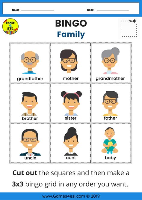 This ESL worksheet about family is a fun bingo worksheet to teach English words about family. Download and use in class today. Teaching Family Members Activities, Learning About Family Activities, Family English Worksheet, My Family Lesson Plan, Family Vocabulary English, Family Members Worksheet For Kids, Teaching About Family, Family Worksheet Preschool, My Family Worksheets For Kids