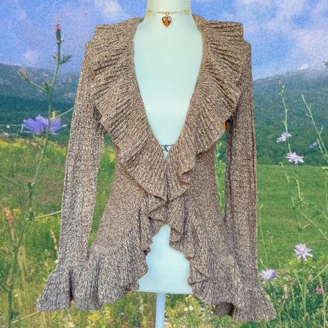 penny lane style cardigan ☽༓･*˚⁺‧͙ ruffled fringe... - Depop Fringe Cardigan, Penny Lane, Style Cardigan, Sweater Material, Fringe Trim, Flared Sleeves, Knit Sweater, Penny, Knitted Sweaters