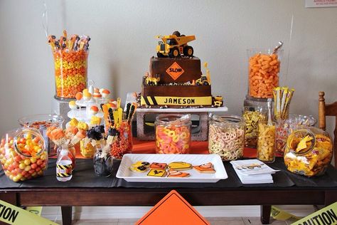 Construction themed dessert/ candy buffet table. Orange, yellow and black candy table. Cake pops, cookies, candy, popcorn, cake. Costco Cake, Construction Theme Birthday Party, Construction Cake, Construction Theme Party, Construction Birthday Party, Birthday Party Desserts, Party Dessert Table, Dessert Party, Construction Birthday Parties