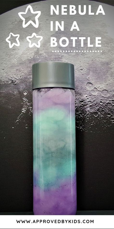 Nebula in a Bottle (or Galaxy in a Bottle) - This sensory bottle is so easy to make and your kids will love it!  The perfect galaxy or space themed craft for parties or classroom activities. It even works in a jar! Galaxy Classroom Theme, Calm Bottle, Galaxy Bottles, Galaxy Sensory Bottle, Galaxy Classroom, Galaxy In A Jar, Rainbow Sensory Bottles, Sensory Bottles Preschool, Easy Kids Projects